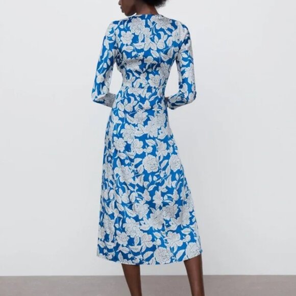Zara - Blue & White Floral Midi Dress with Slit - Picture 2 of 11